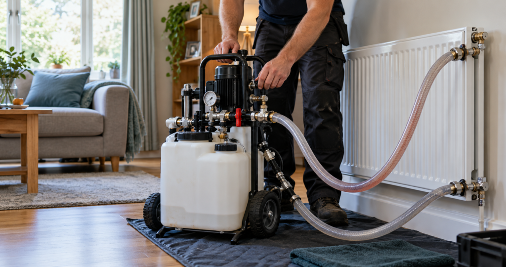 Engineer using power flushing equipment connected to a home radiator